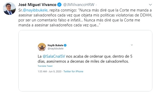 Director de Human Rights tilda de "falso e infantil" mensaje de Bukele donde afirmó que "la Sala le ordenaba asesinar miles de salvadoreños"